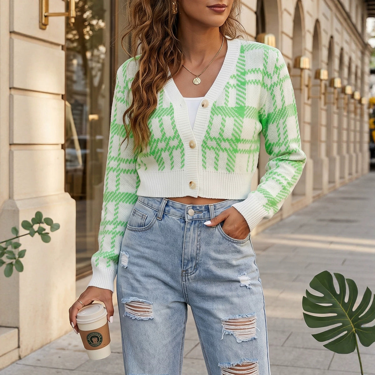 Women's Plaid Crop Cardigan V Neck Button Front Sweater