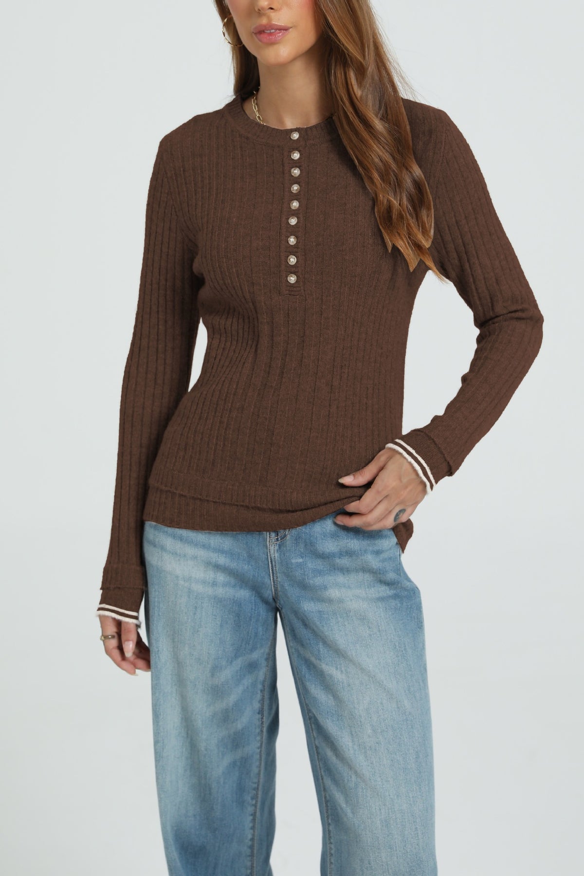 Women's Ribbed Henley Long Sleeve Fitted Sweater