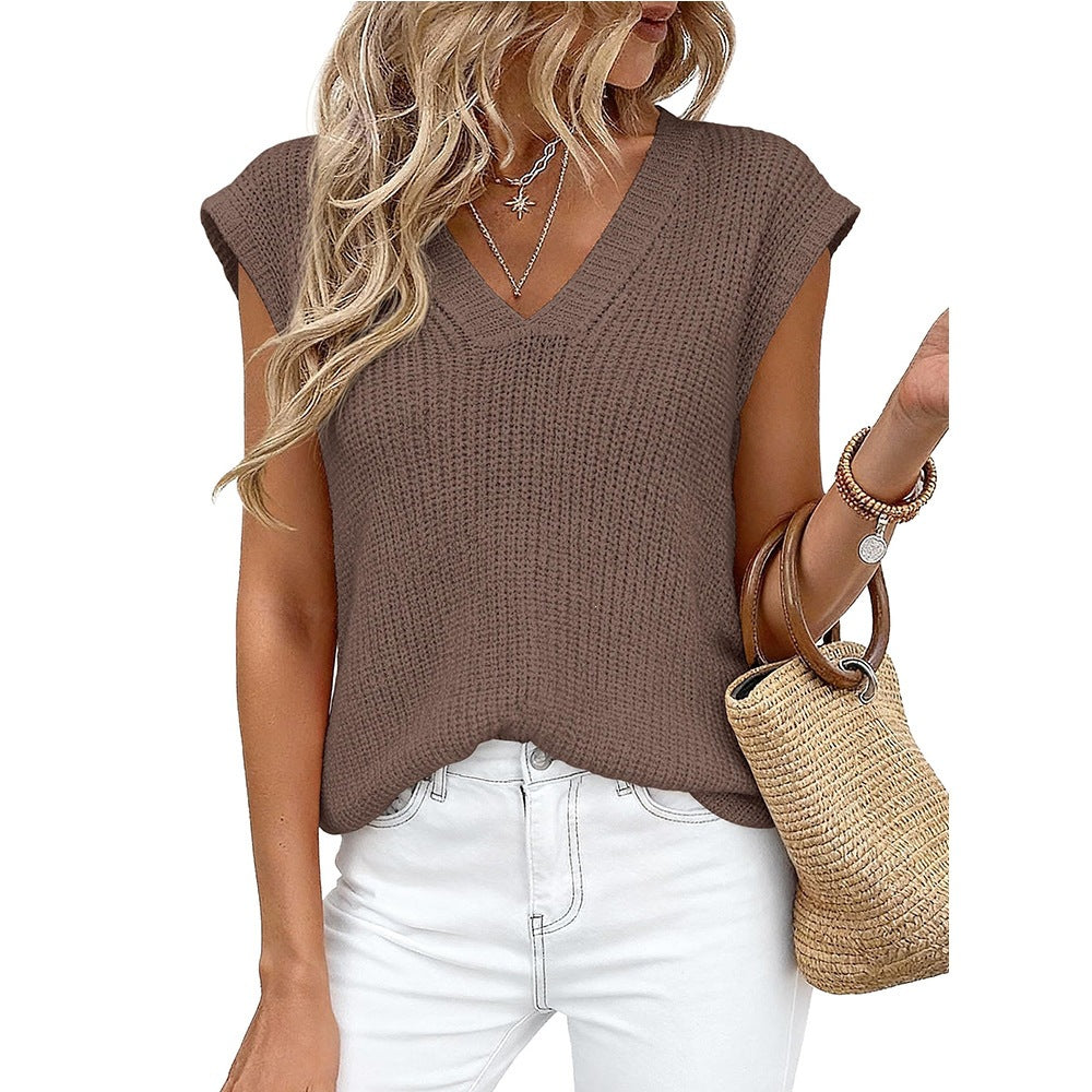 Women’s V Neck Sleeveless Knit Sweater Vest Loose Casual Summer Pullover Top