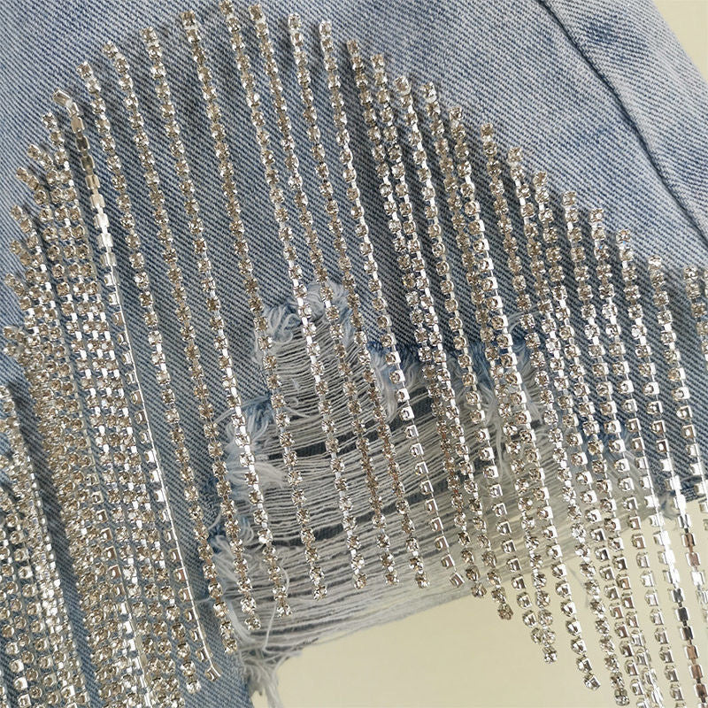 Rhinestone Fringe Denim Shorts High Waist Festival