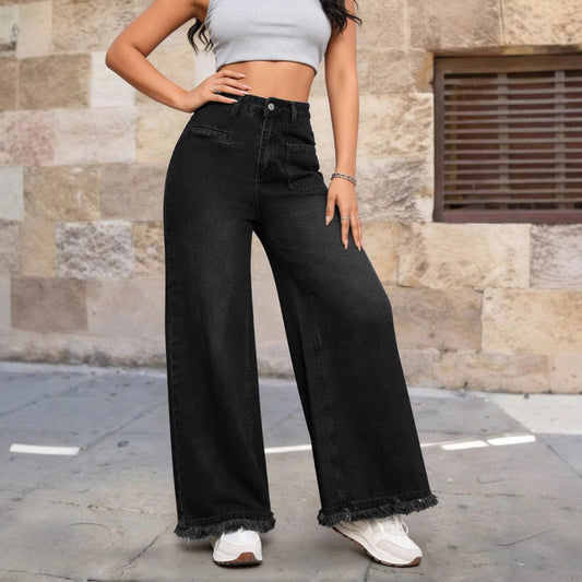 Washed Denim Jeans Vintage High Waist Wide Leg Fringe