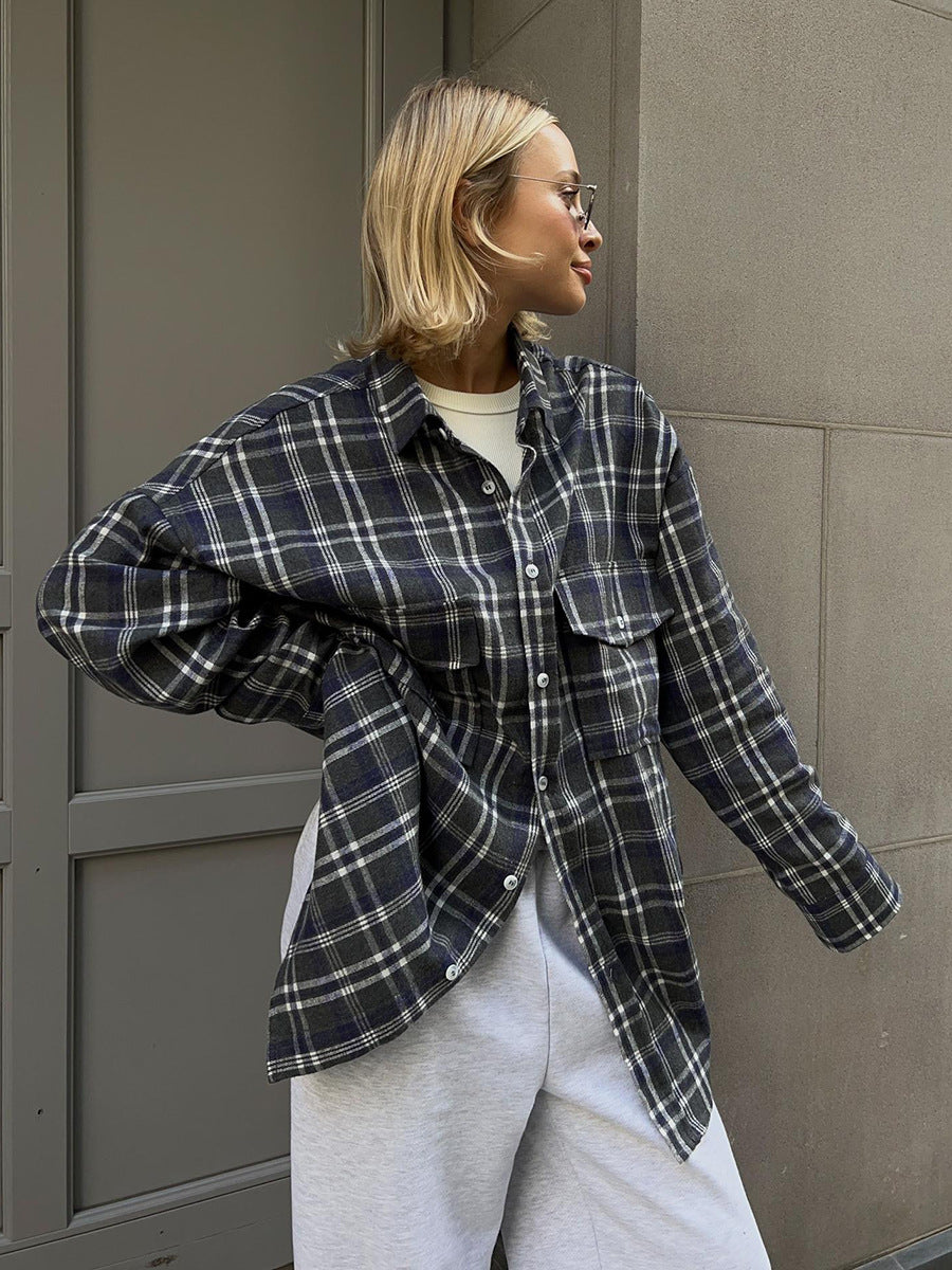 Plaid Button-Down Shirt with Flap Pockets  Oversized Fit
