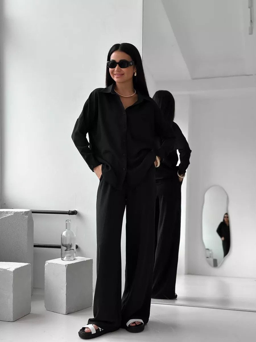 Two Piece Pants Set with Button-Down Shirt & Wide-Leg Pants