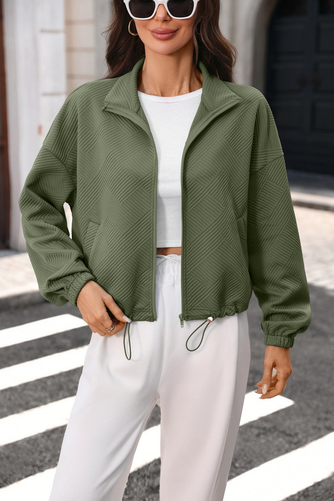 Solid Textured Corduroy Jacket Zip Front Casual Layering
