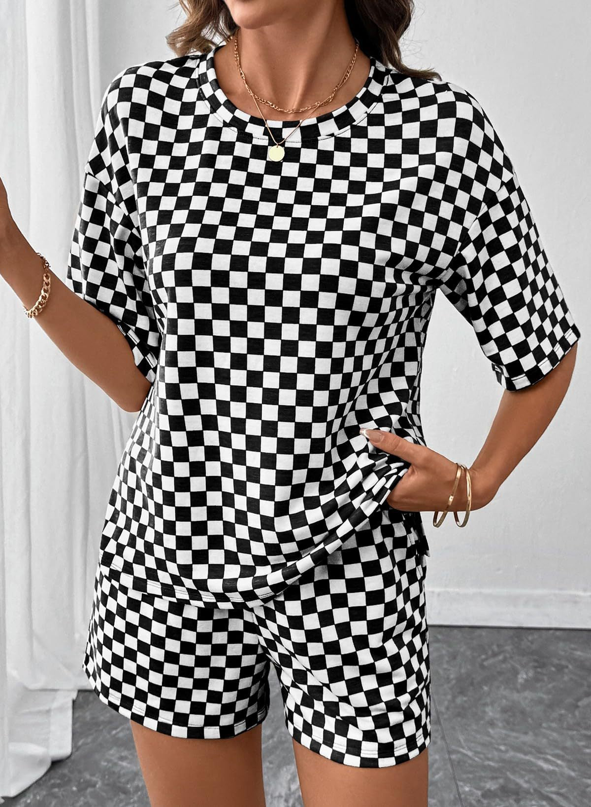 Women's Checkerboard Lounge Set Drawstring Shorts Casual
