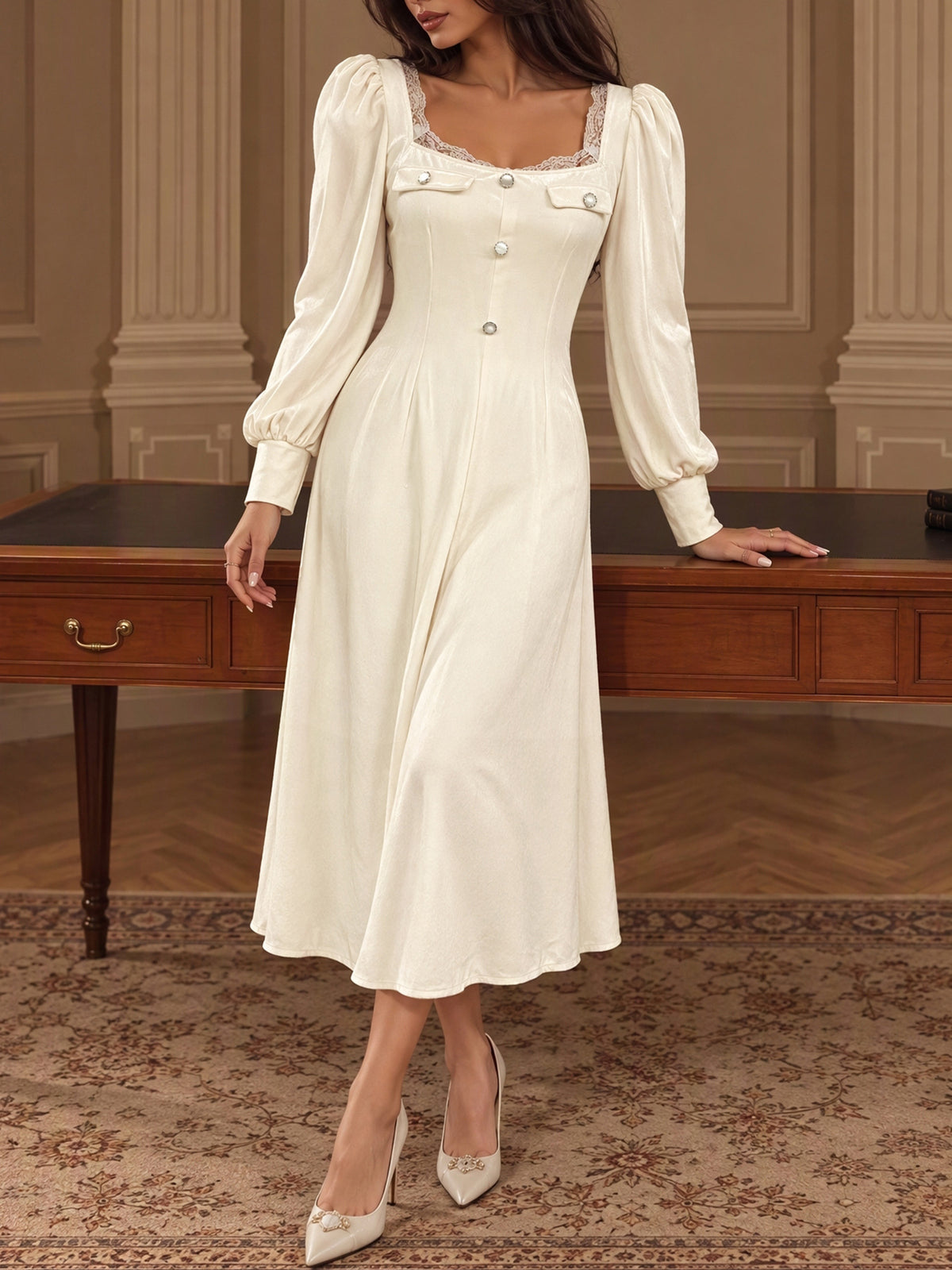 Velvet Square Neck Long Sleeve Lace Trim Midi Dress