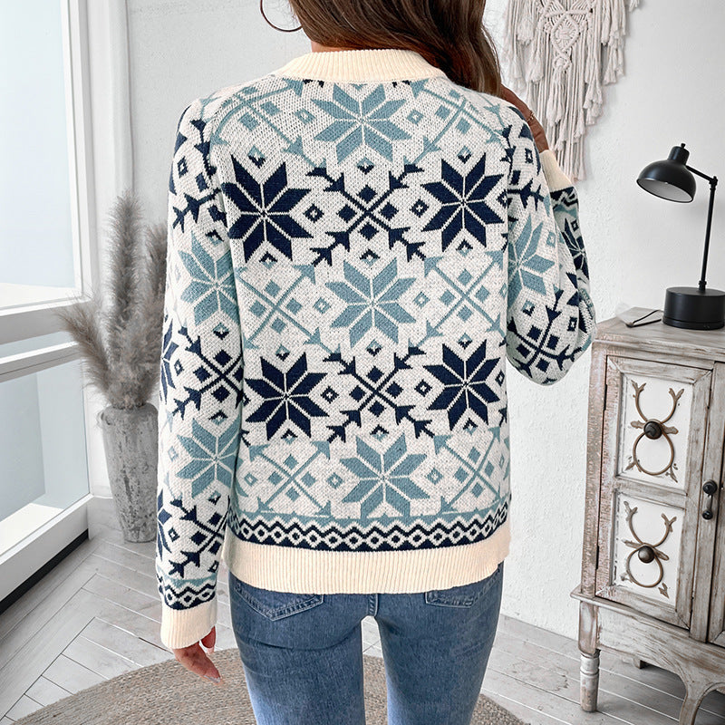 Fair Isle Snowflake Crew Neck Knit Sweater