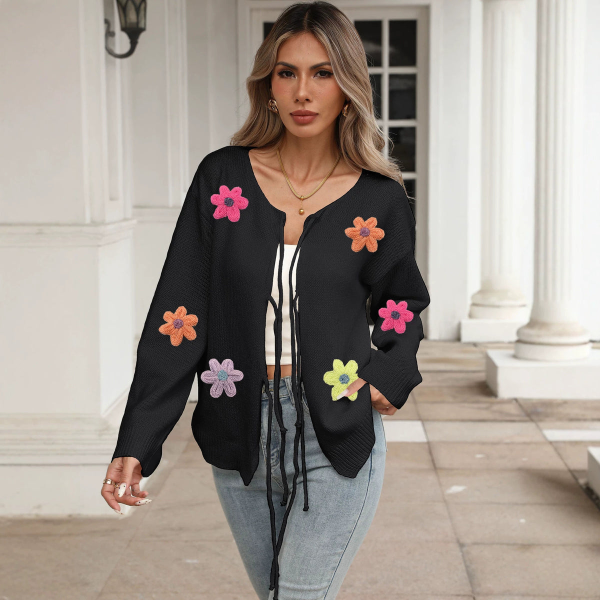 Women's Tie Front Crochet Flower Cardigan