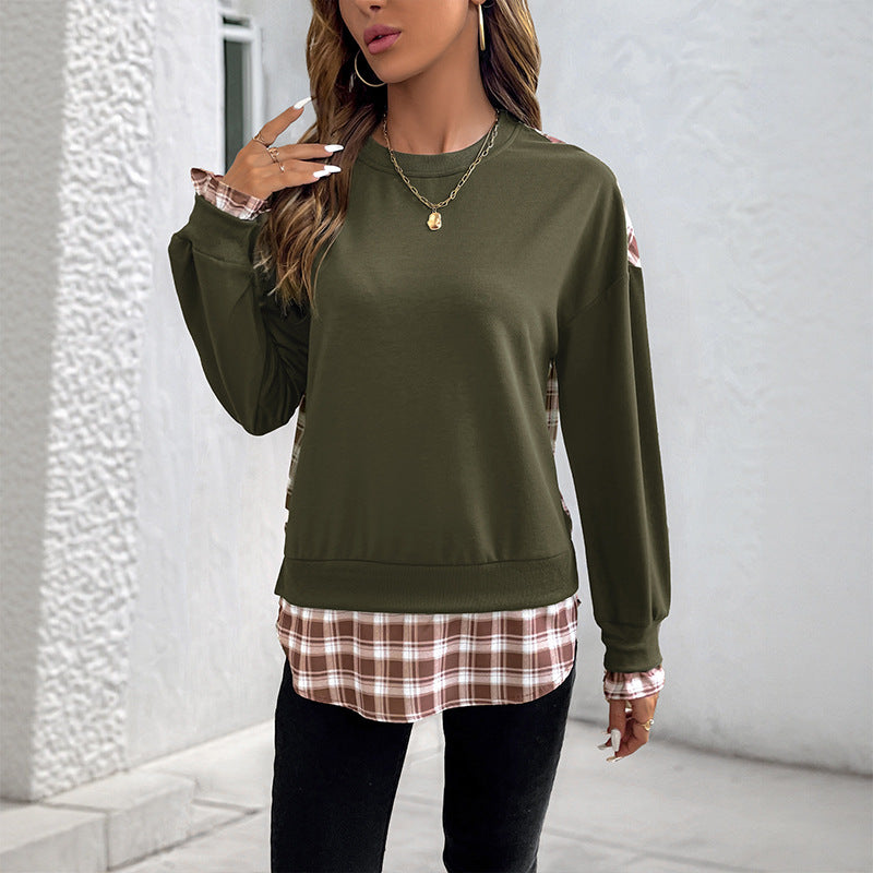 Plaid Patchwork Pullover Sweatshirt Layered Look Tops