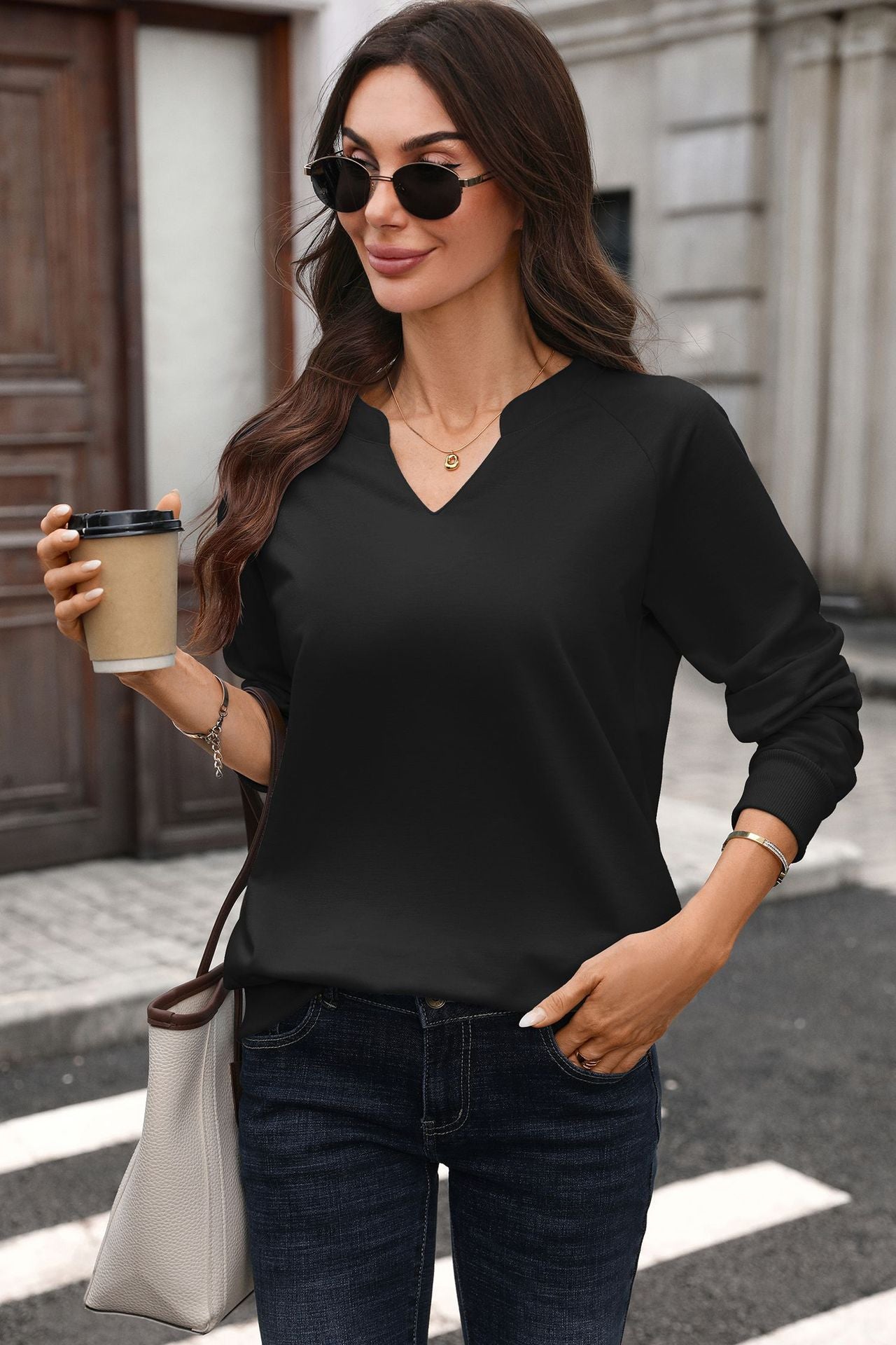 Solid Sweatshirt V Neck Casual Oversized Pullover