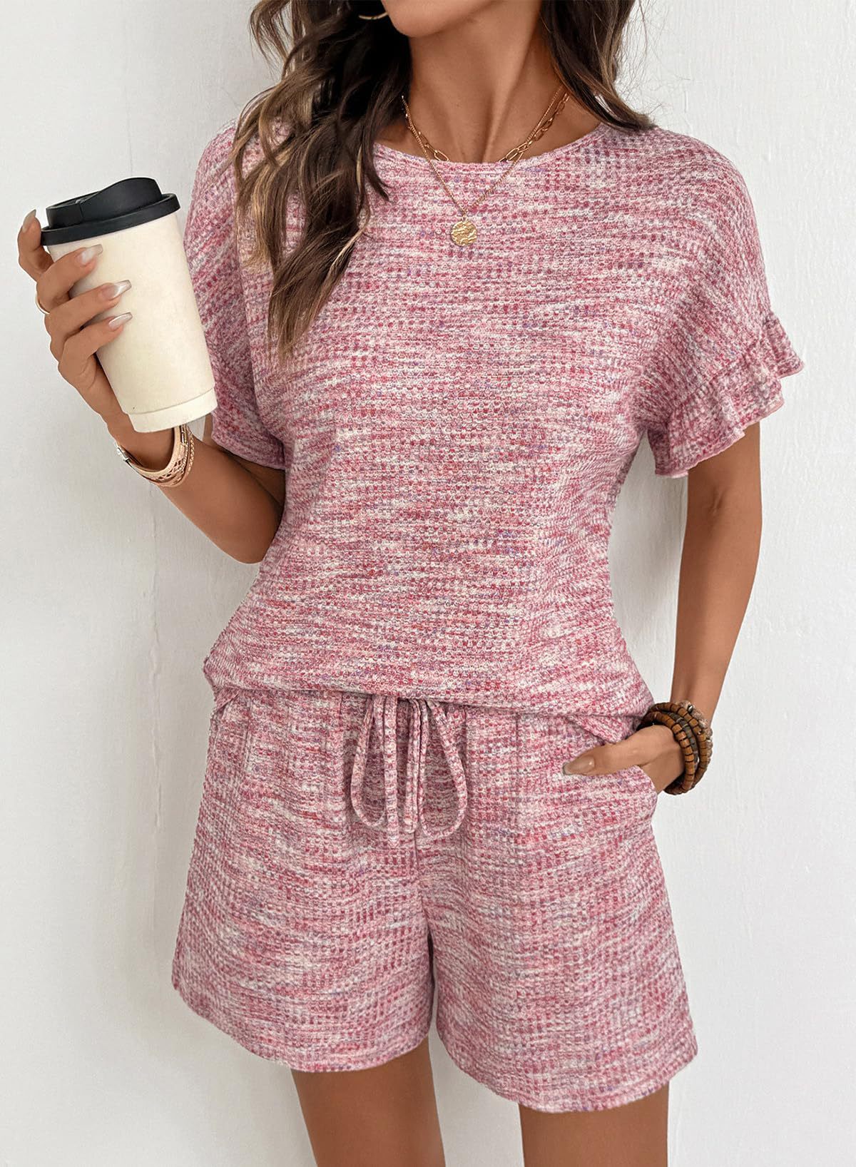 Textured Knit Lounge Set Ruffle Sleeve Drawstring Shorts