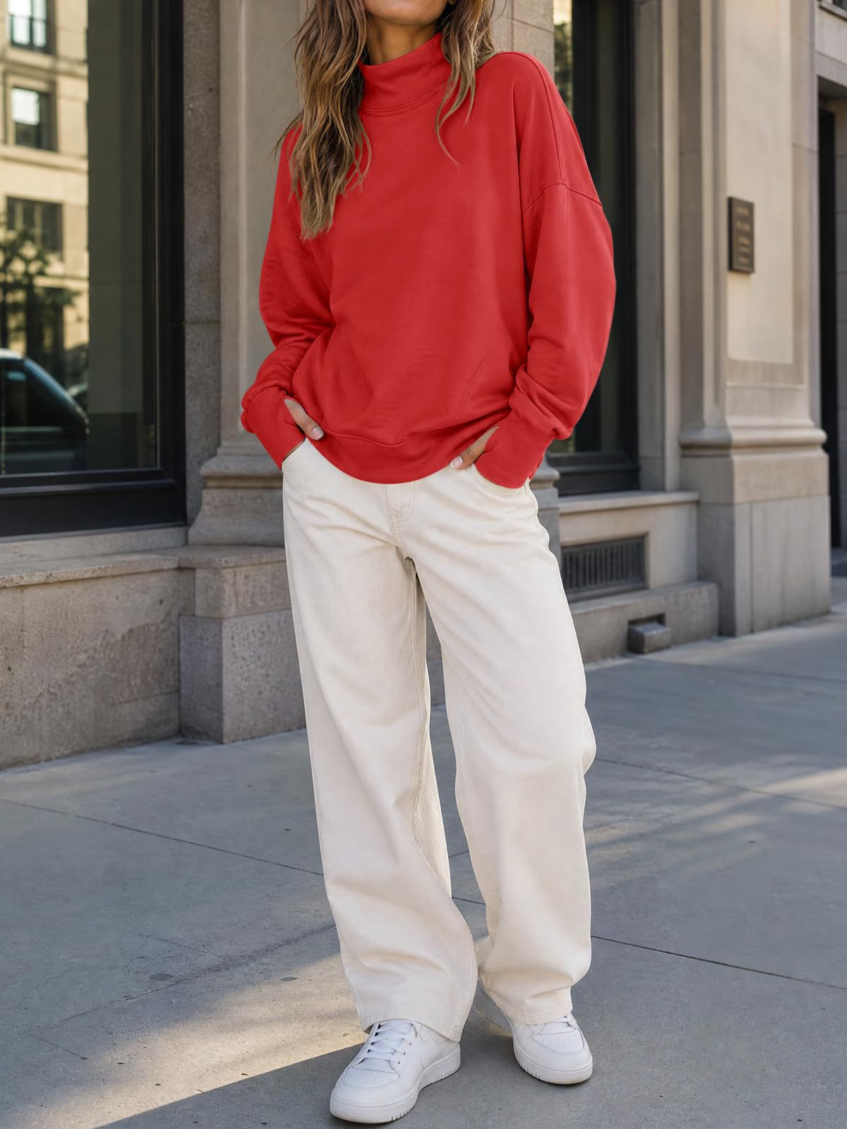 Mock Neck Oversized Womens Sweatshirt Solid Pullover Top
