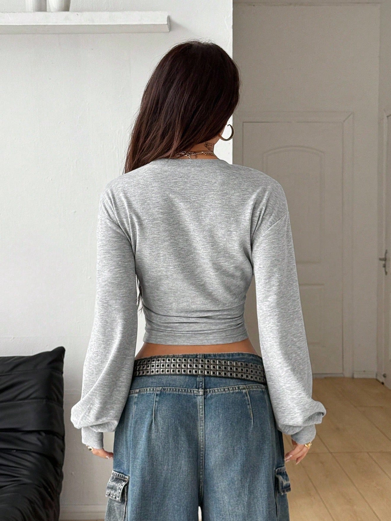 Solid Knit Crop Top Trendy Ruched Long Sleeve Slim Fit