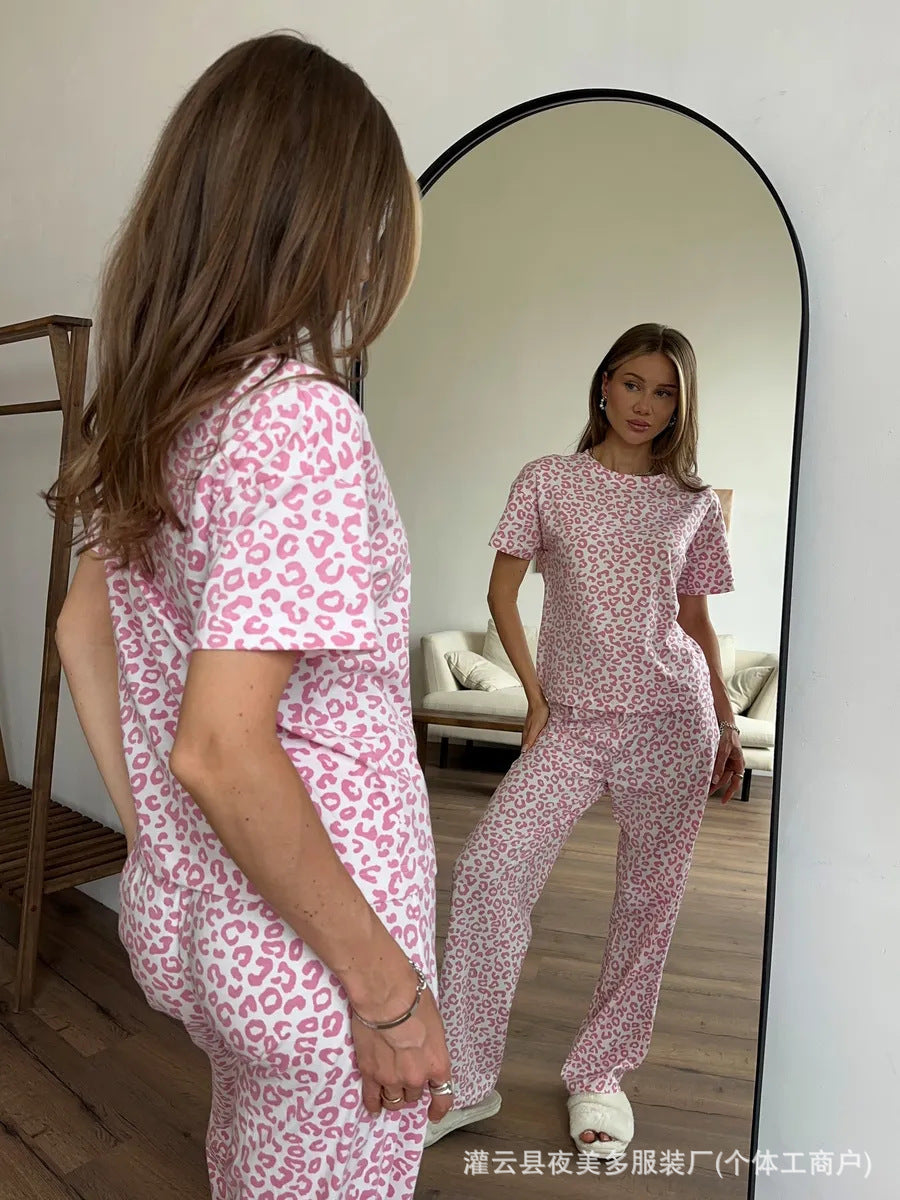 Leopard Print Pajama Set with Short Sleeve Top