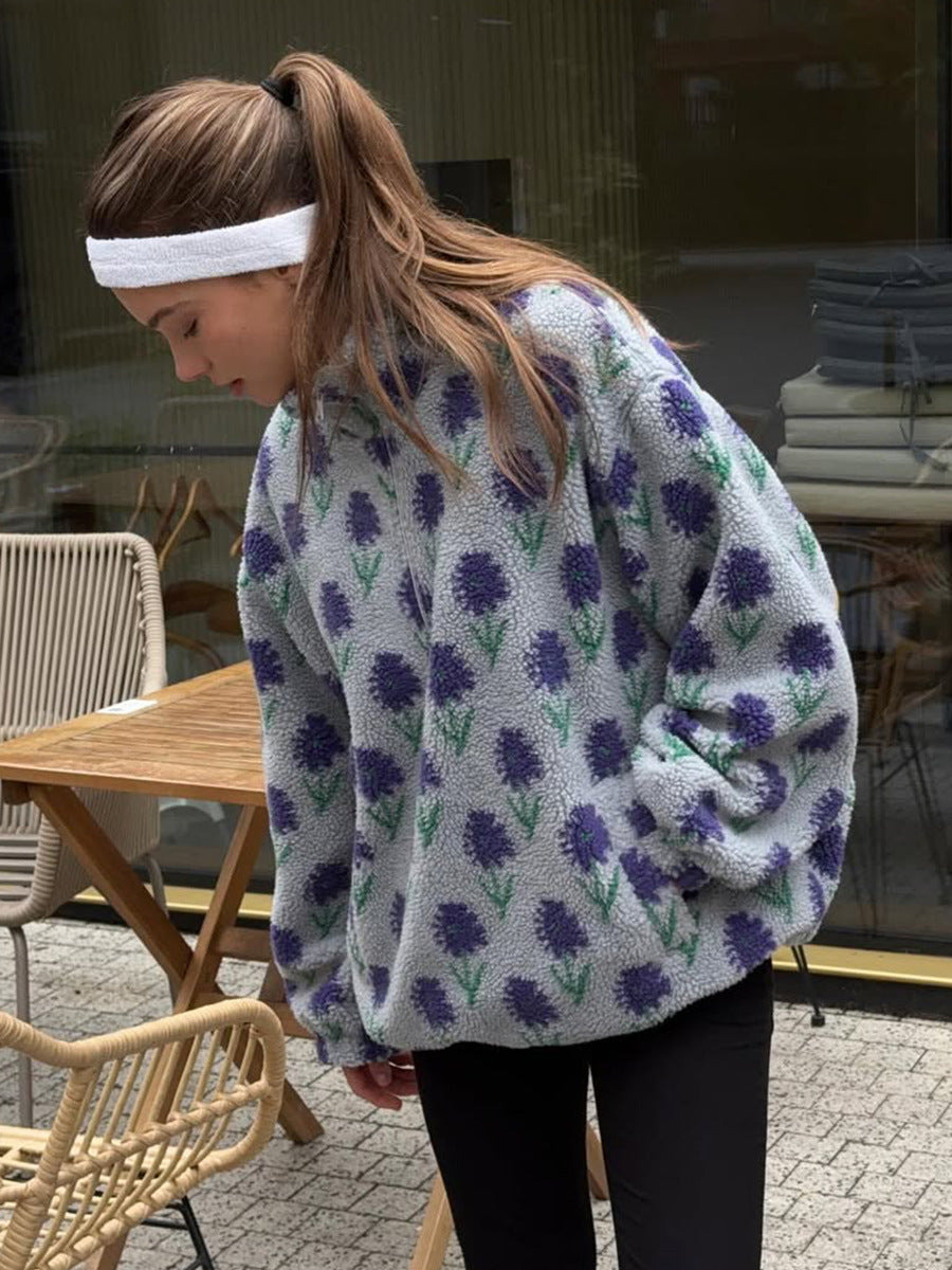 Floral Sherpa Fleece Half-Zip Pullover, Oversized