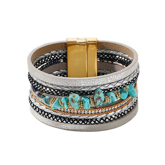 Boho Turquoise Beaded Leather Wrap Bracelet for Women