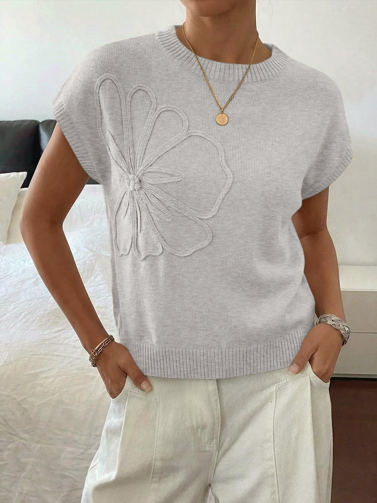 Womens 3D Floral Knit Top Short Sleeve Pullover