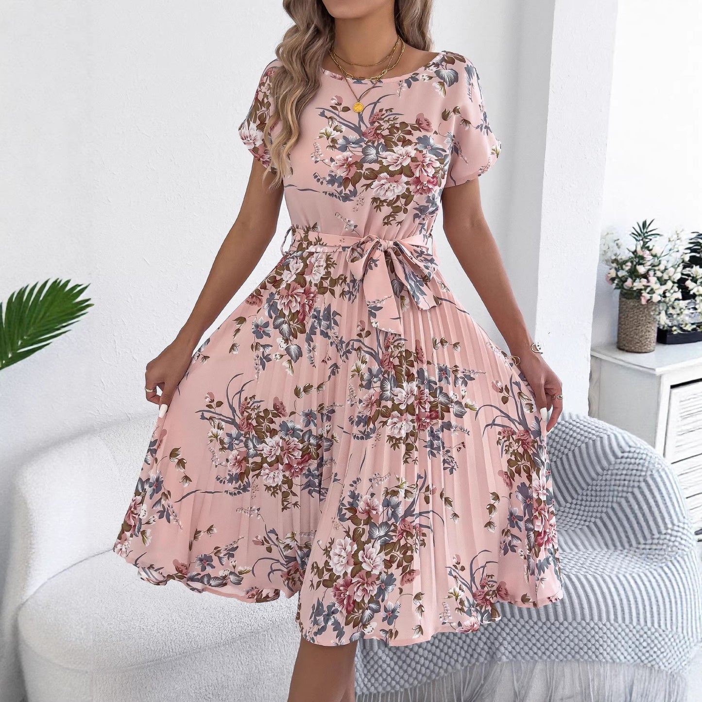 Navy Floral Pleated Midi Dress with Tie Waist Batwing Sleeves