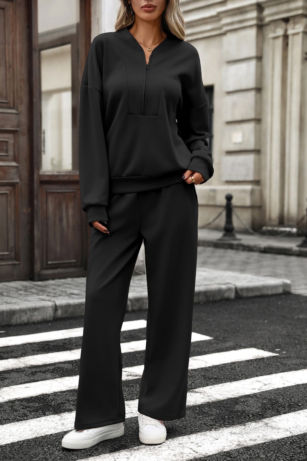 Women's Two Piece Quarter Zip Sweatshirt Wide Leg Pants Set