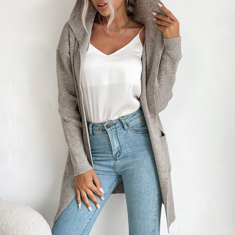 Hooded Knit Cardigan Long Sleeve Open Front Outerwear
