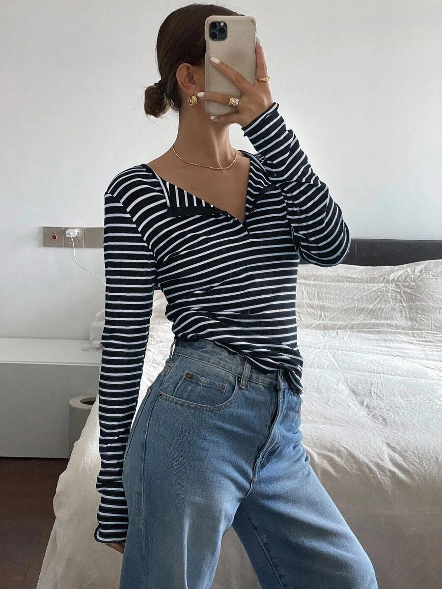Striped Long Sleeve Top Henley Neck Casual Relaxed Fit Tee