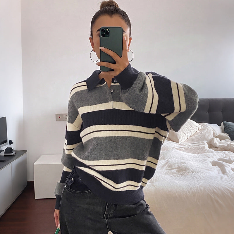 Striped Collared Button Pullover Knit Sweater