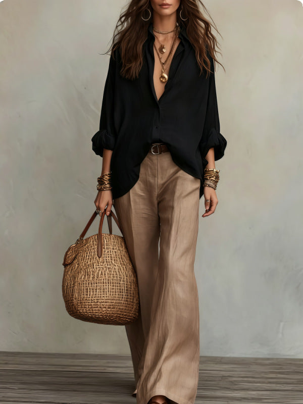 Women's Relaxed 2 Piece Button Down Wide Leg Pants Set