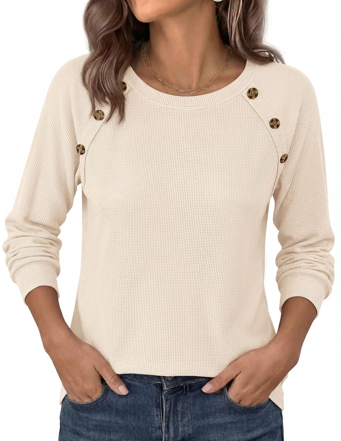 Waffle Knit Button Detail Top Long Sleeve Casual Pullover