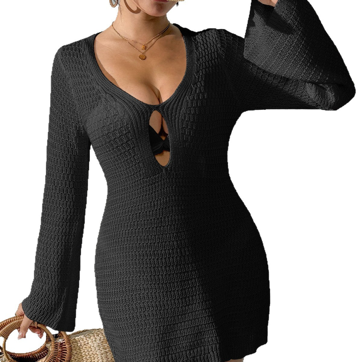 Deep V Crochet Bell Sleeve Beach Cover Up Mini Dress