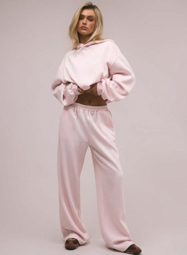 Pink Hooded Sweatshirt Wide Leg Pants Set