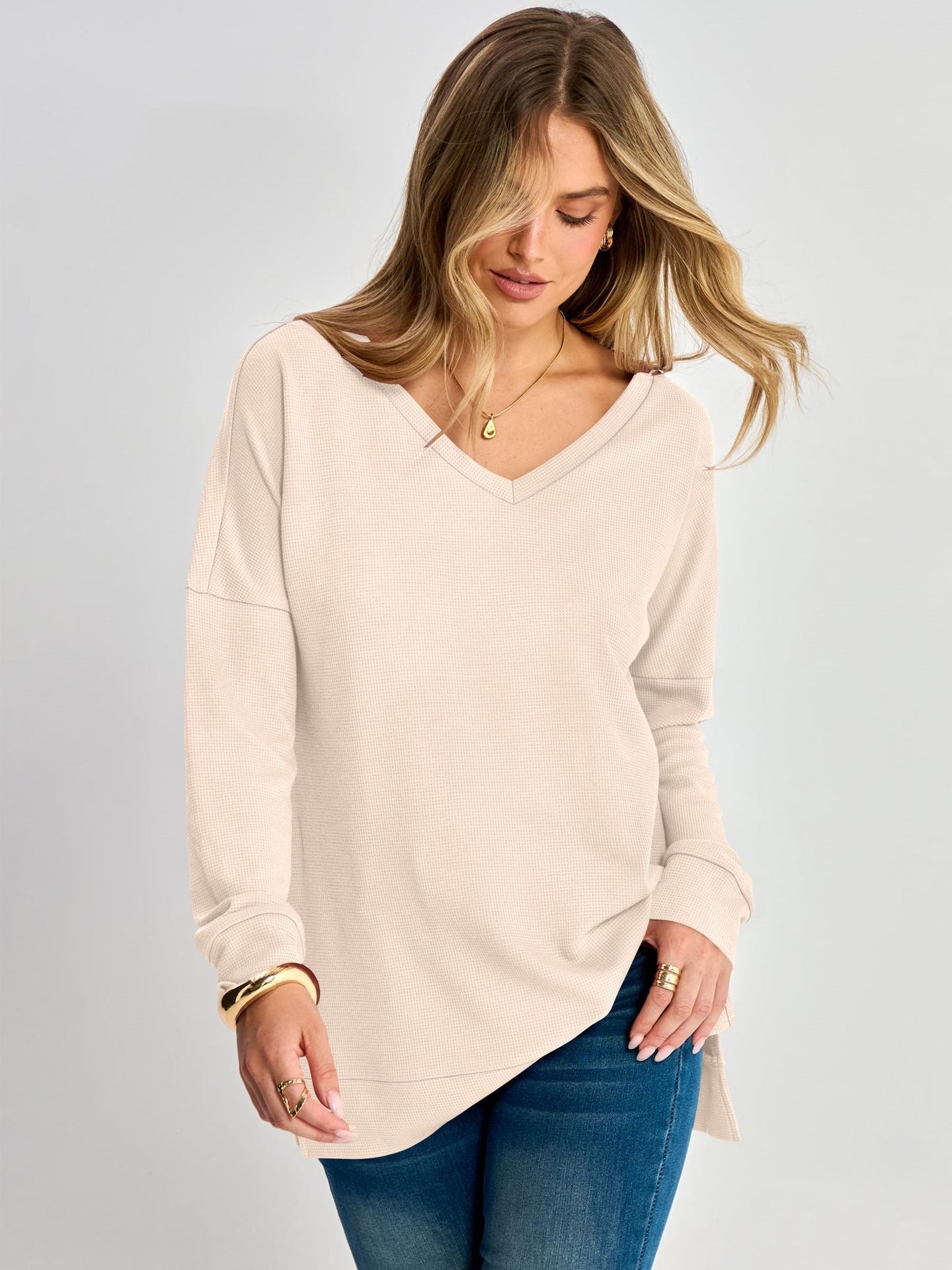 Waffle Knit V Neck Top Relaxed Long Sleeve