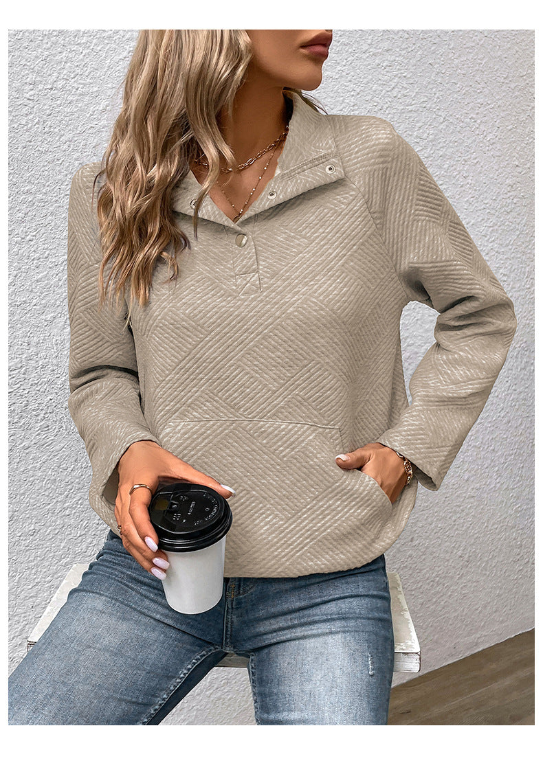 Textured Polyester Sweatshirt Casual Boutique Snap Collar