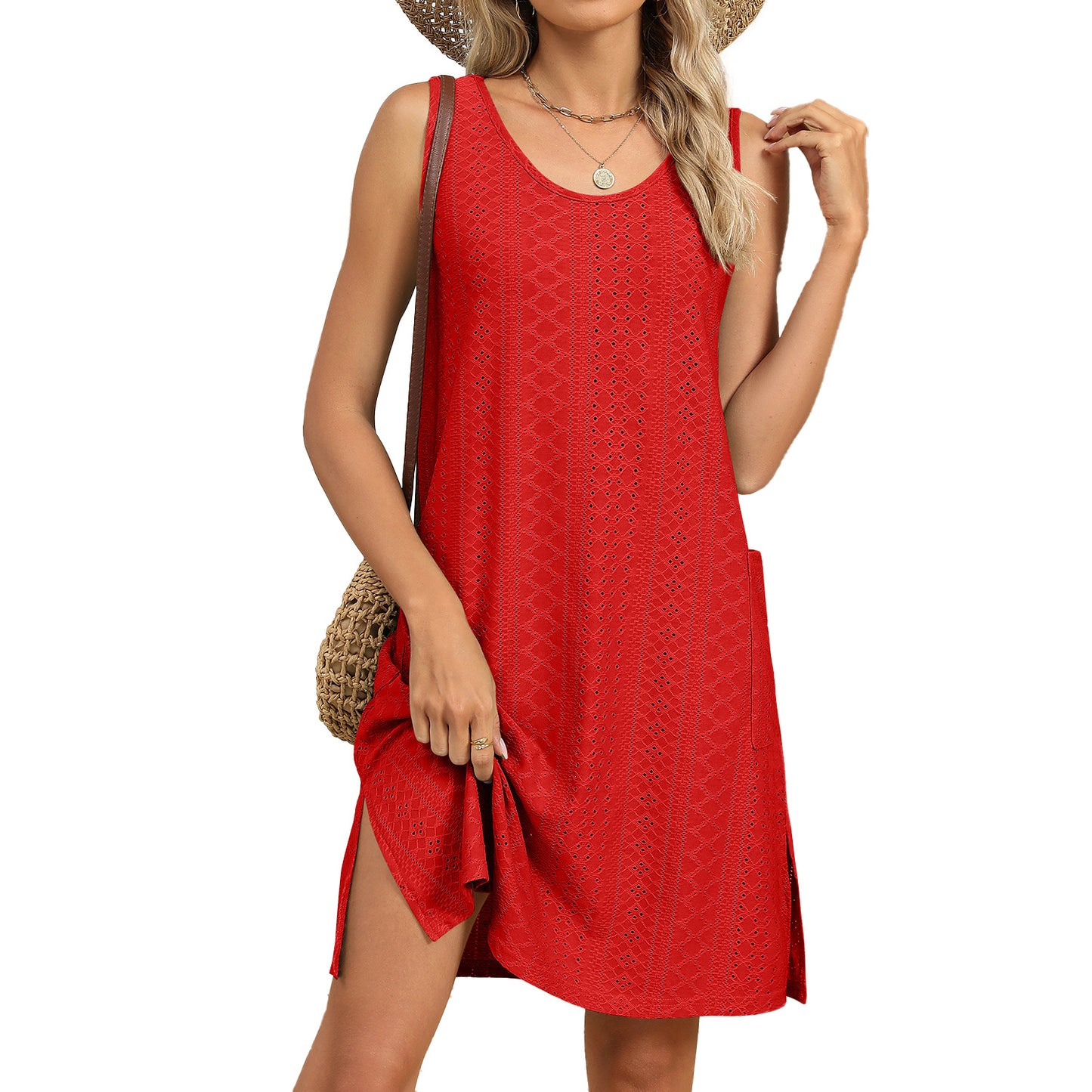 Solid Color Round Neck Tank Dress with Side Pockets