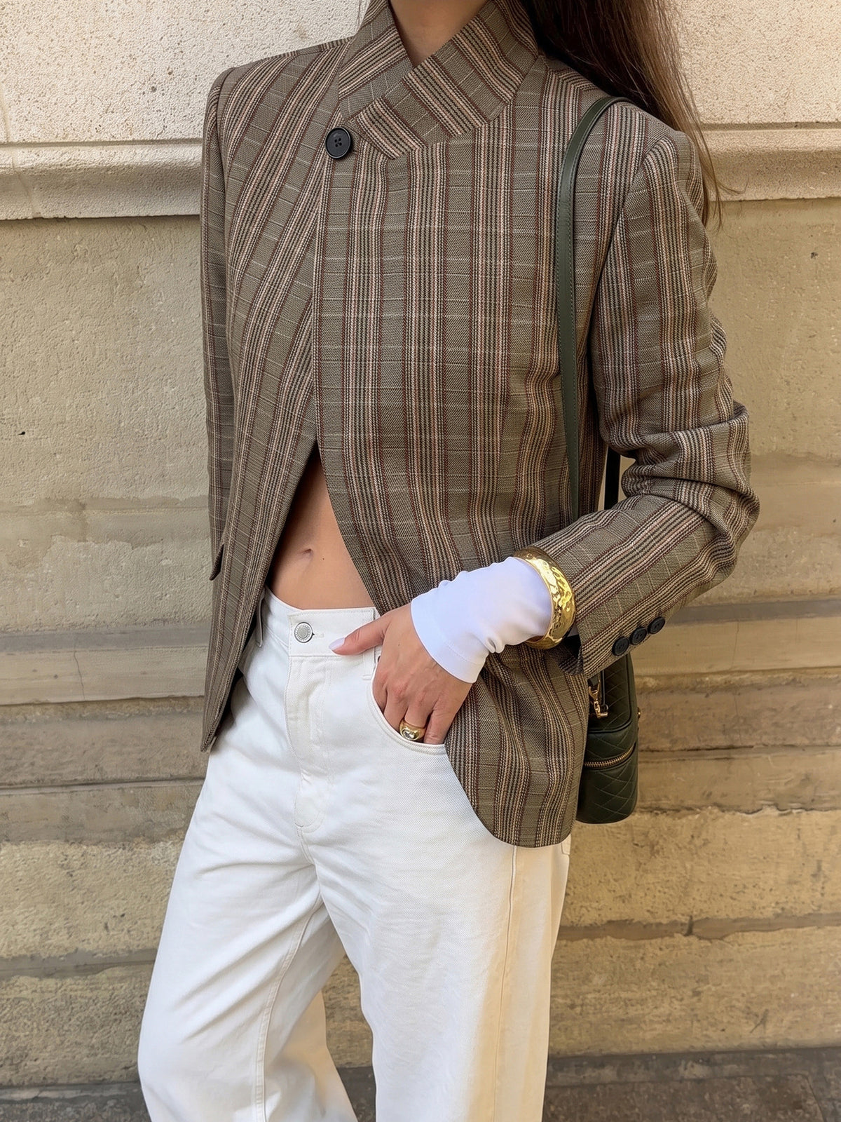 Oversized Plaid Blazer Single Button Stand Collar Jacket