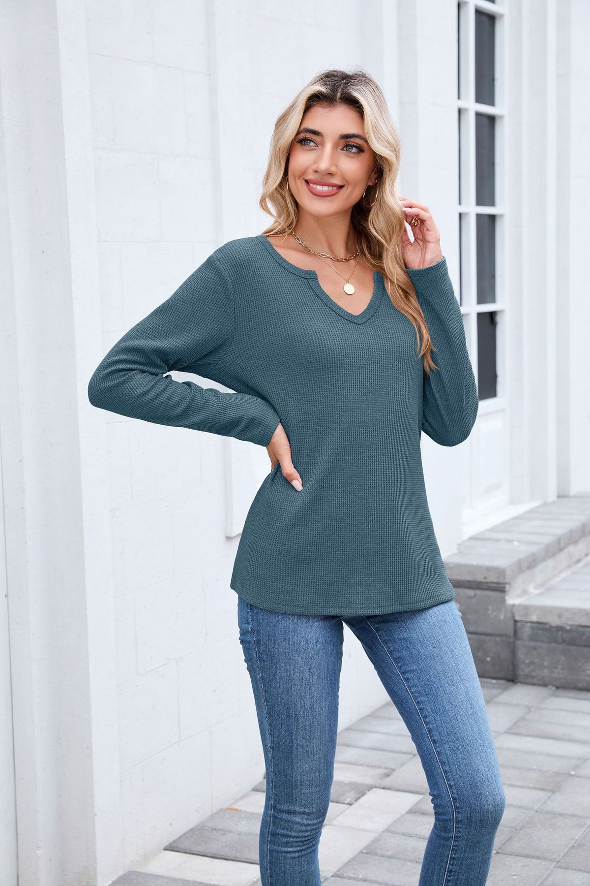 Women's Waffle Knit V Neck Long Sleeve Loose Top