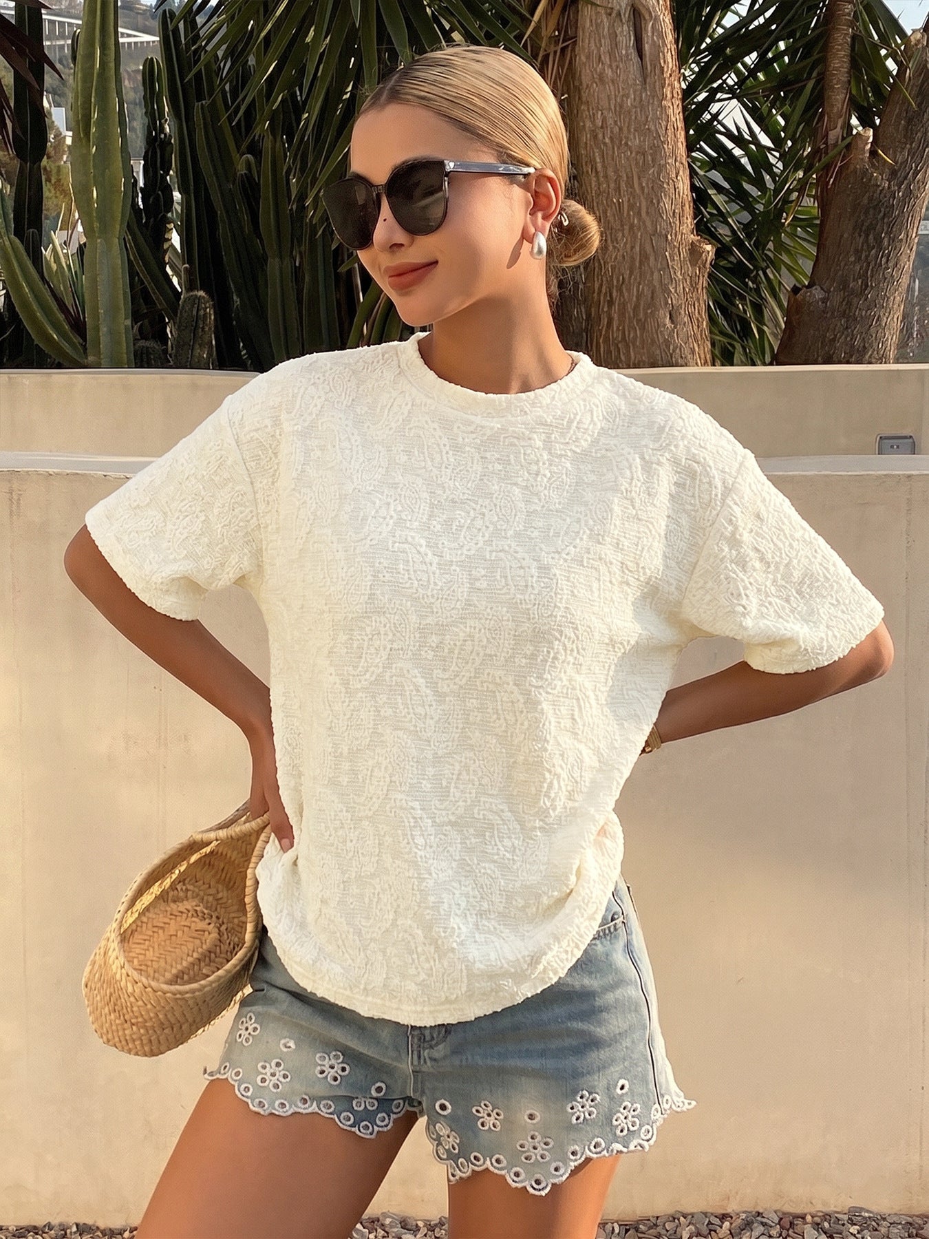 Paisley Textured Knit Top Oversized Drop Shoulder