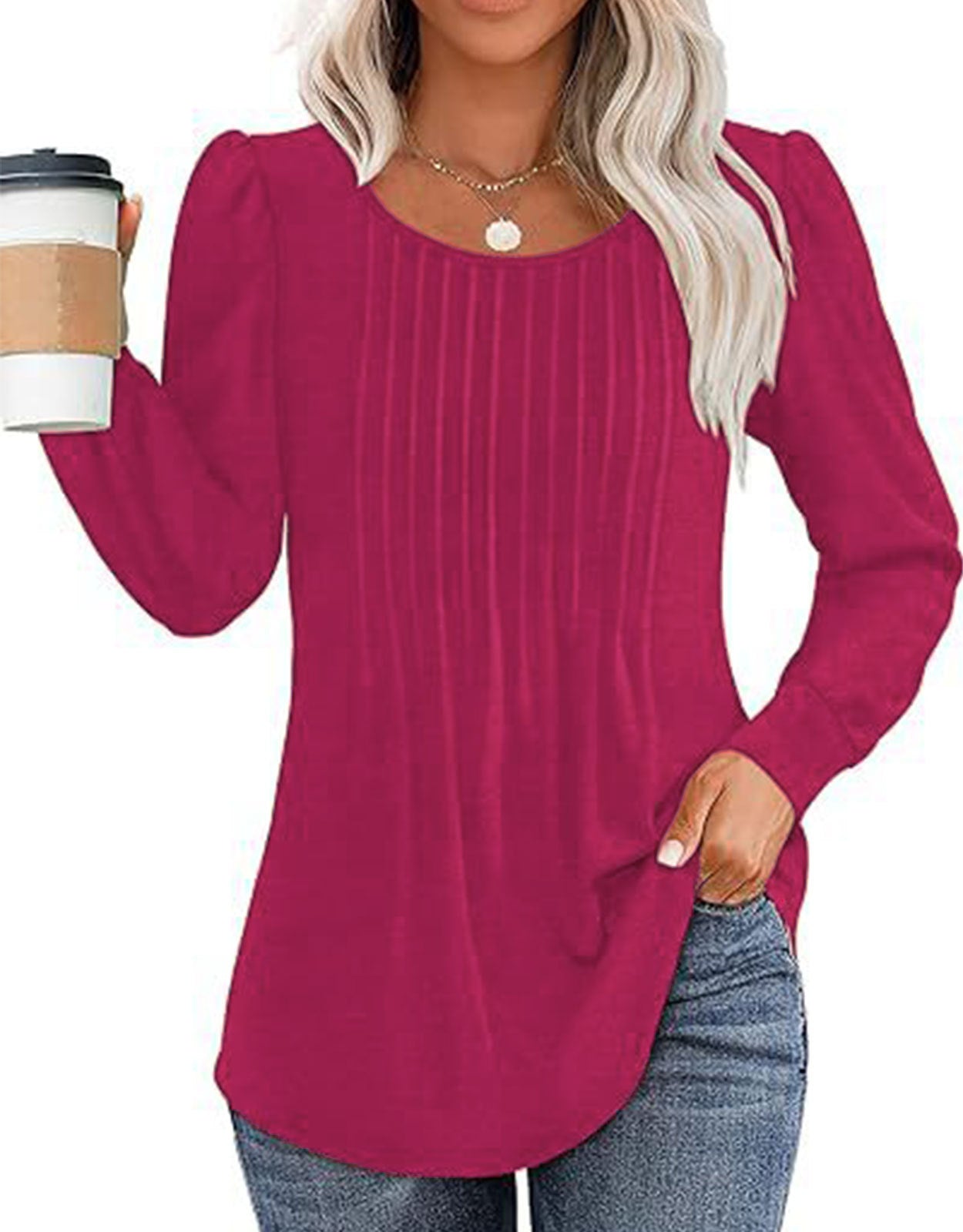 Solid Cotton Top Casual Pleated Puff Sleeve