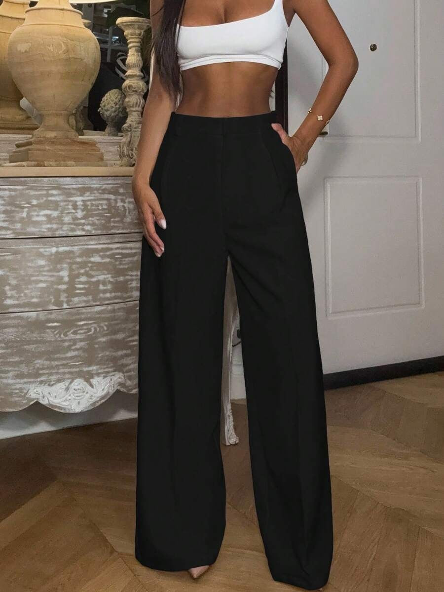 Solid High Waisted Wide Leg Dress Pants Business Work Trousers