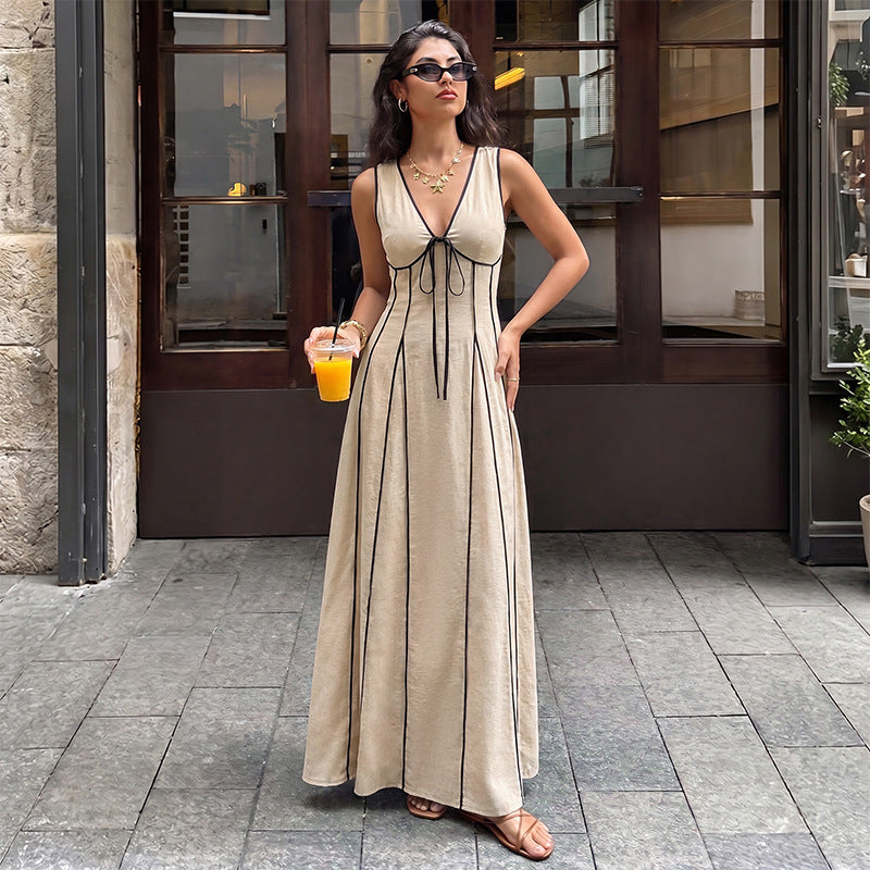 Contrast Maxi Dress Vintage V Neck Bow