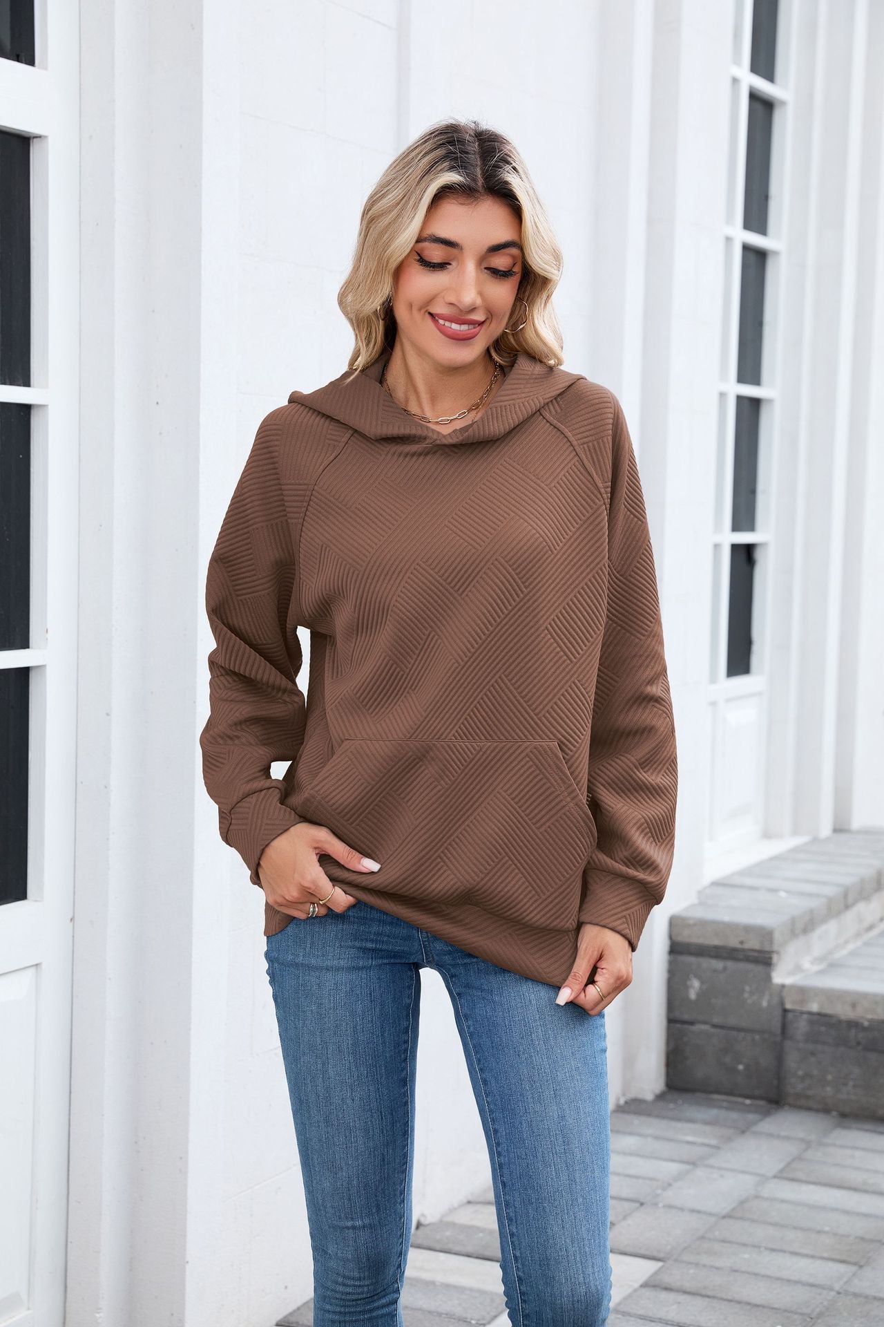 Textured Chevron Hoodie | Cozy Pullover Kangaroo Pocket