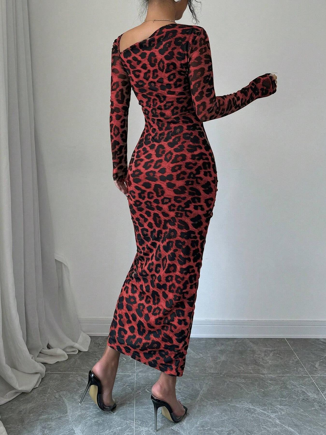 Women’s Leopard Print Bodycon Midi Dress Long Sleeve Ruched