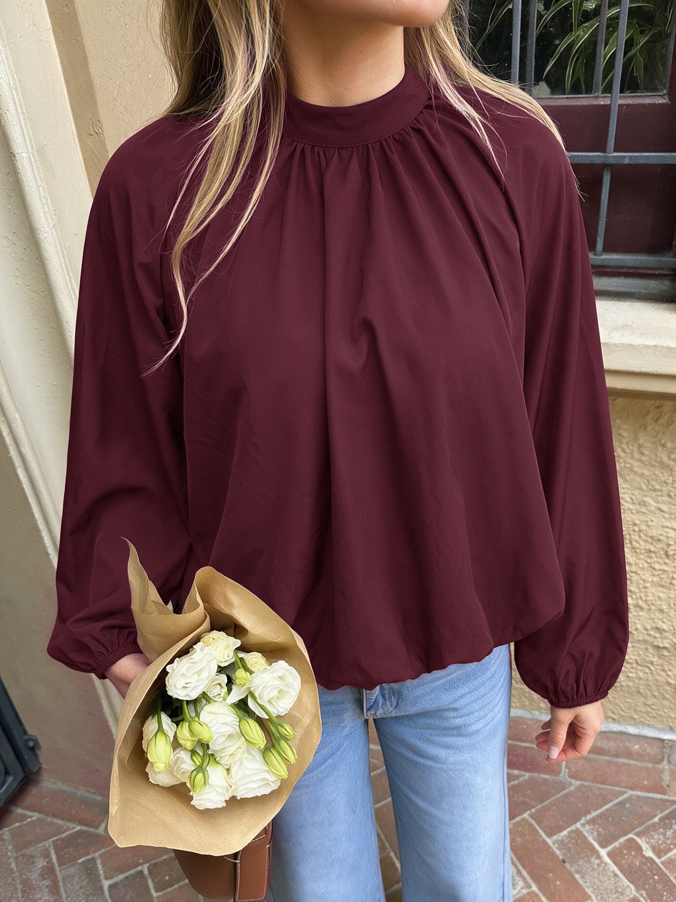 Tie Neck Mock Neck Blouse Gathered Long Sleeve Top