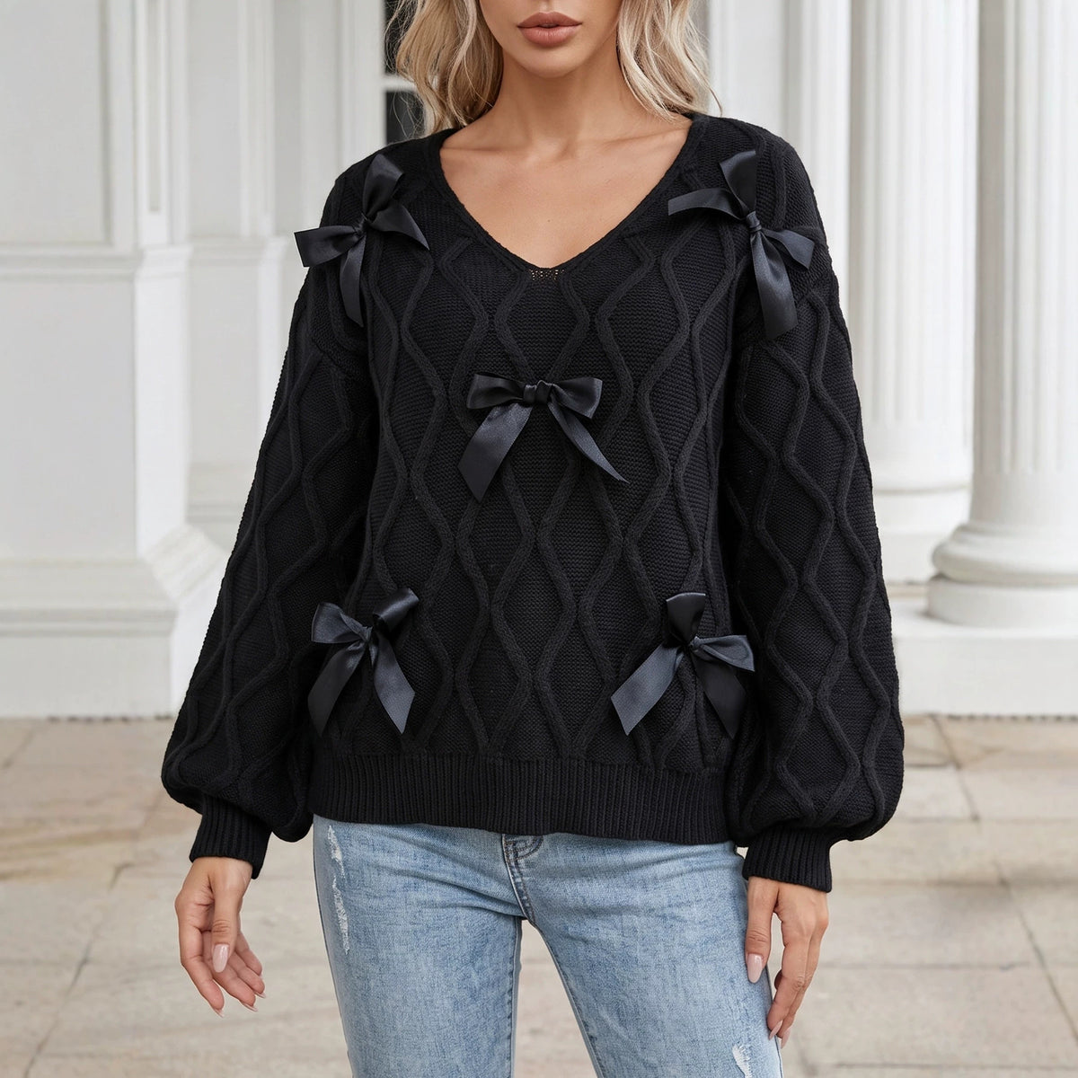 Women's Bow V-Neck Cable Knit Balloon Sleeve Sweater