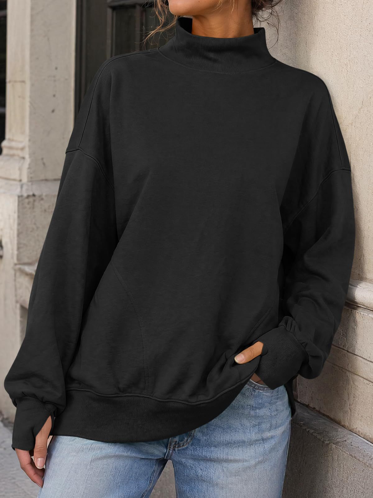 Mock Neck Oversized Womens Sweatshirt Solid Pullover Top