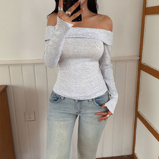 Womens Slim Off Shoulder Knit Top – Light Grey Trendy Fit