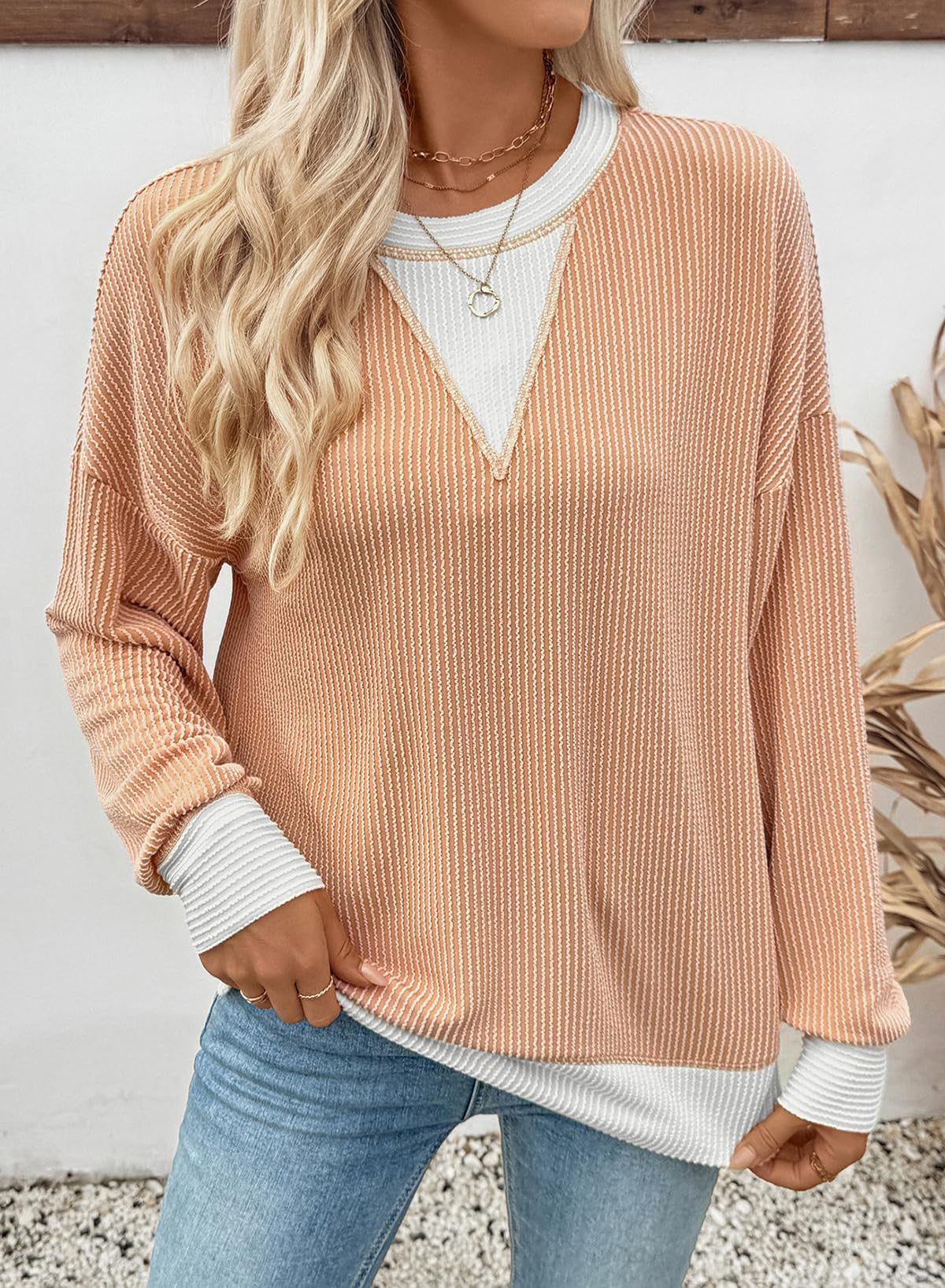 Colorblock Top Casual Waffle V-Neck Oversized