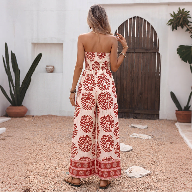 Floral Rayon Jumpsuit Resort Strapless Wide Leg