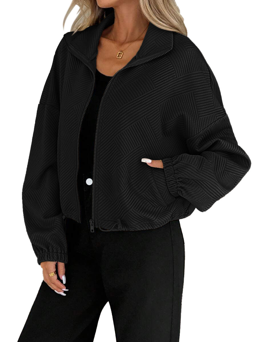 Textured Polyester Jacket Casual Bomber Oversized Zip Up