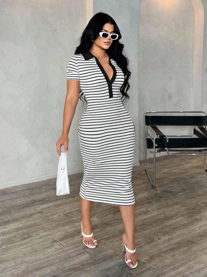 Striped Polo Collar Bodycon Midi Dress Short Sleeve Casual  Wear