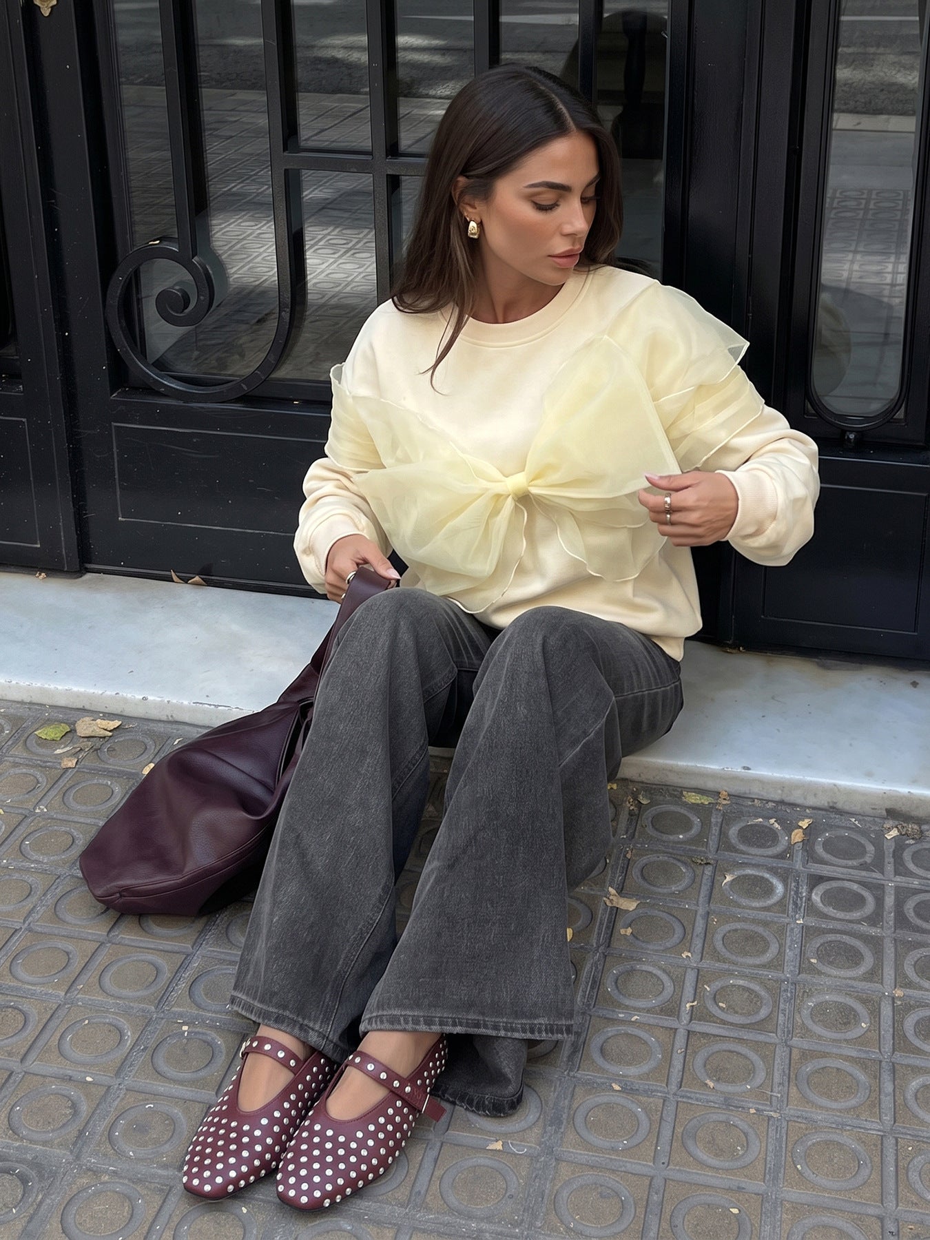 Bow Sweatshirt Elegant Oversized Organza Detail
